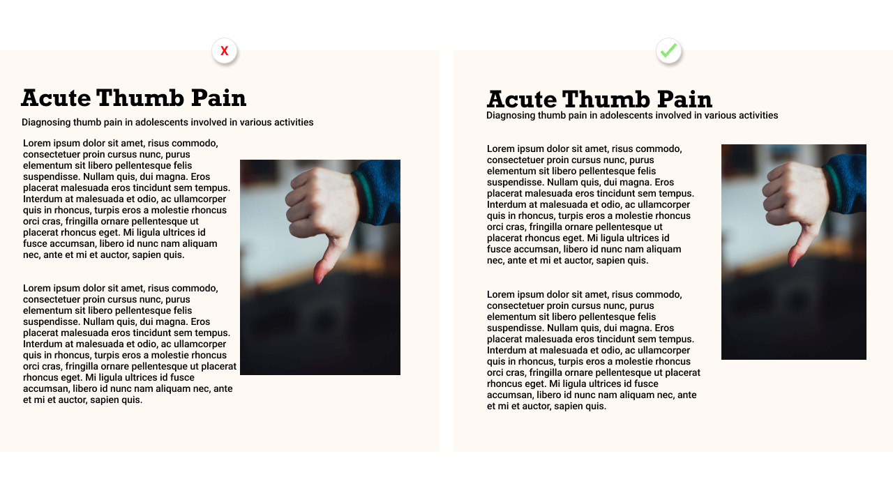 Two images of a design text layout, one with inconsistent spacing, and one with consistency.