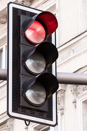 A traffic light showing red